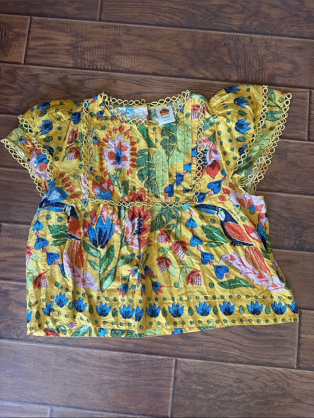 FARM Rio Yellow Floral Embroidered Puff Sleeve Blouse